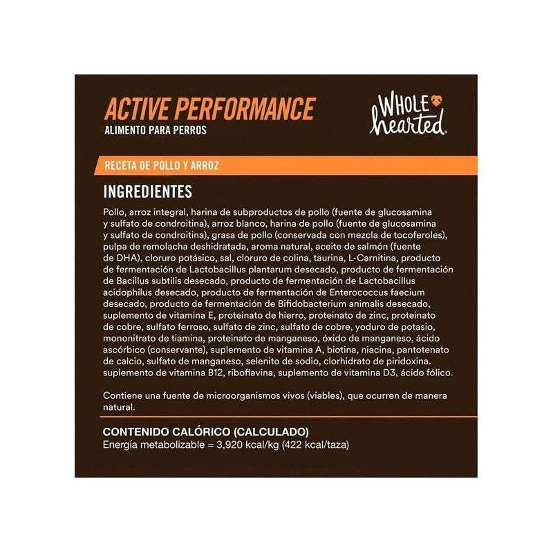 Alimento Seco Para Perro Whole Hearted Active Performance Pollo Y Arroz Adulto 20.4 Kg