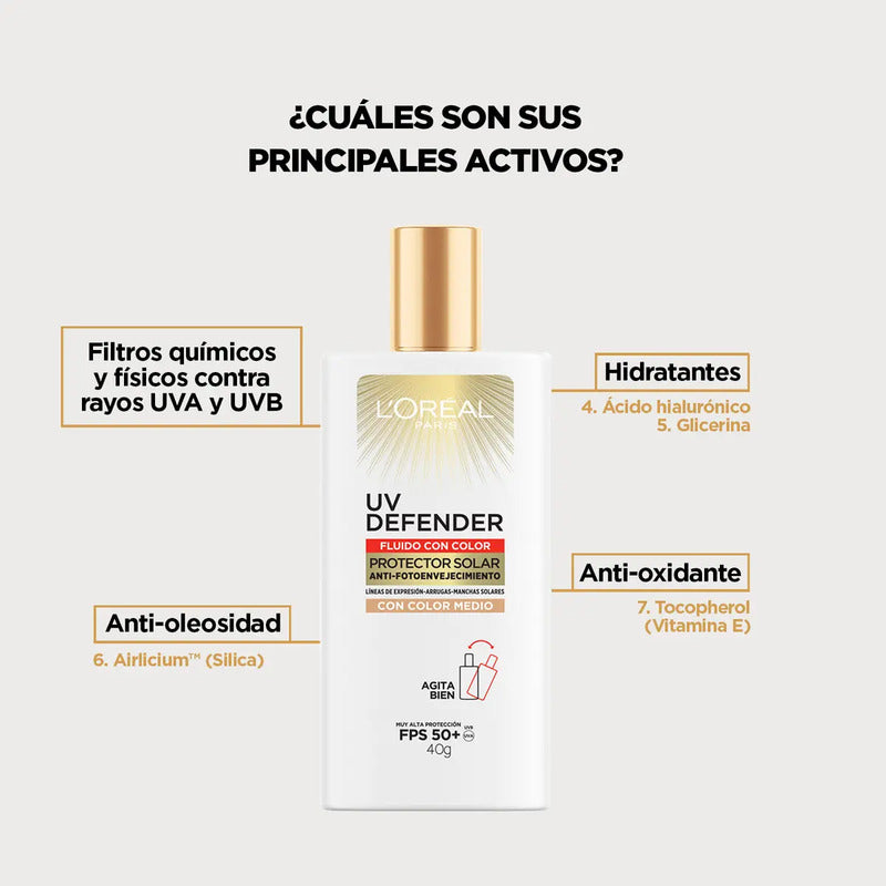 L'oreal Paris Protector Solar Fluid Fps50+ Uv Defender, Tono Medio 40ml