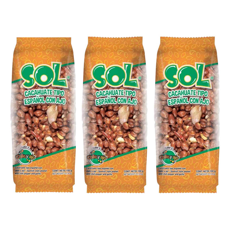 Botanas Sol Cacahuate Ajo Español Bolsa Con 900g (3pzas)