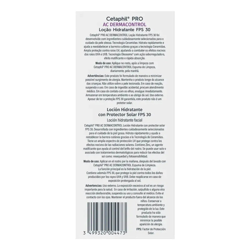Hidratante Facial Cetaphil Pro Ac Contol Fps 30 De 110ml Grasa Día
