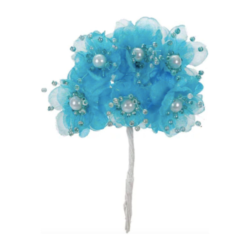 Ramito De 6 Rosas Con Perlas Color Azul Agua De 10cm 3 Pz Agua