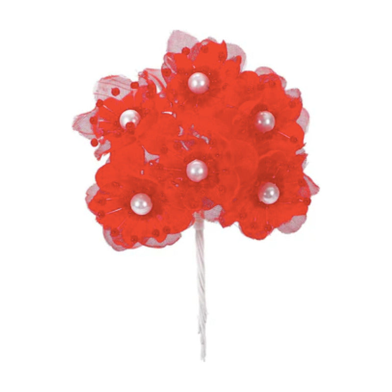 Ramito Rosa Con Perlas Color Rojo Con 6 Flores De 10cm 3 Pz Rojo
