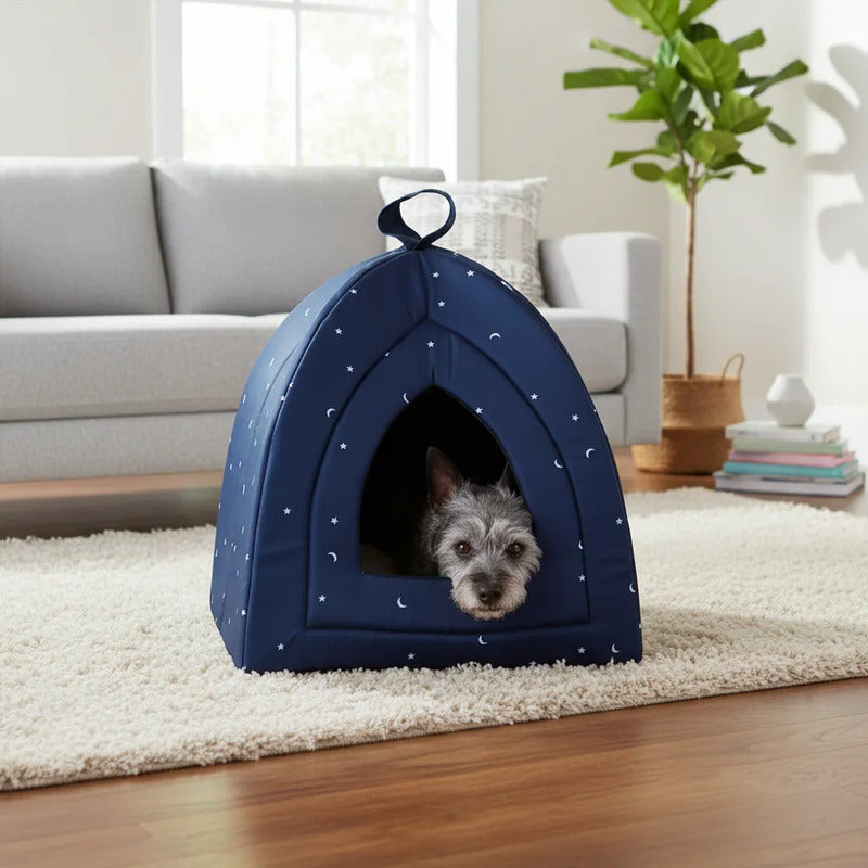 Cama Azul Tipo Cueva Patrón Estrellas Para Perro, Chico Azul Marino Cueva