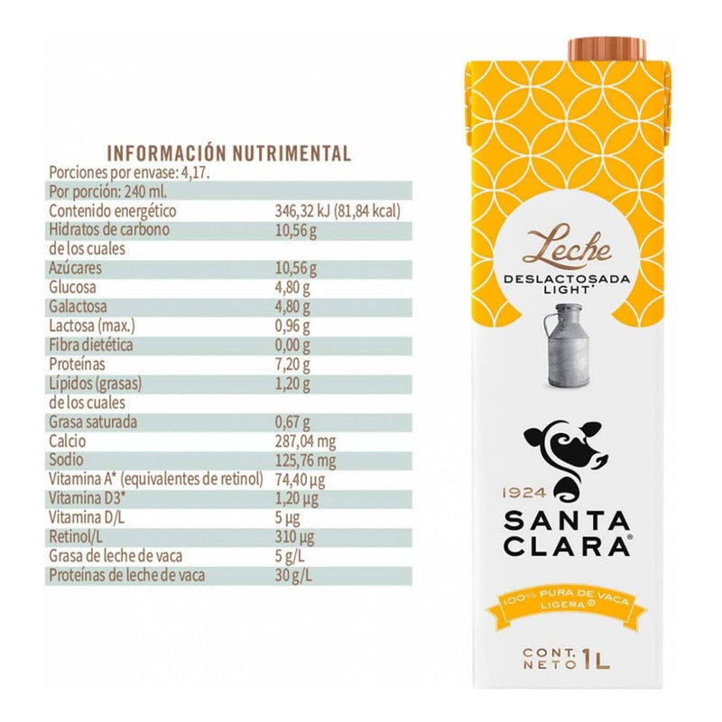 Leche Deslactosada Light Santa Clara 12 Pzas De 1 L C/u