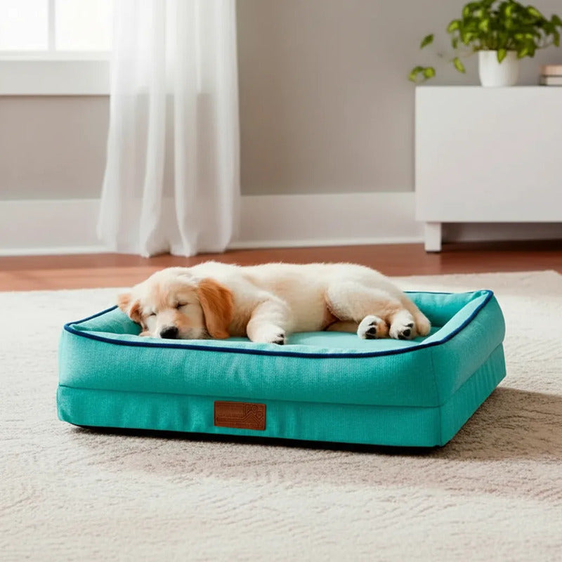 Cama Rectangular Con Bordes Color Turquesa Para Perro, Chico Turquesa Rectangular