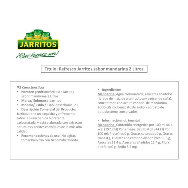 Refresco Jarritos Sabor Mandarina 12 Pz De 2 L