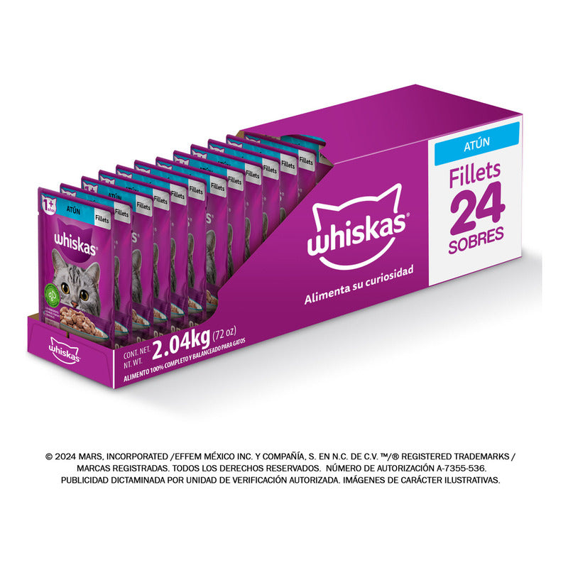 Whiskas - Sobres Para Gato, 24 Piezas, Sabor Filetes De Atún, 85g C/u., Fibra Natural, Minerales, Vitaminas A, Sin Conservadores