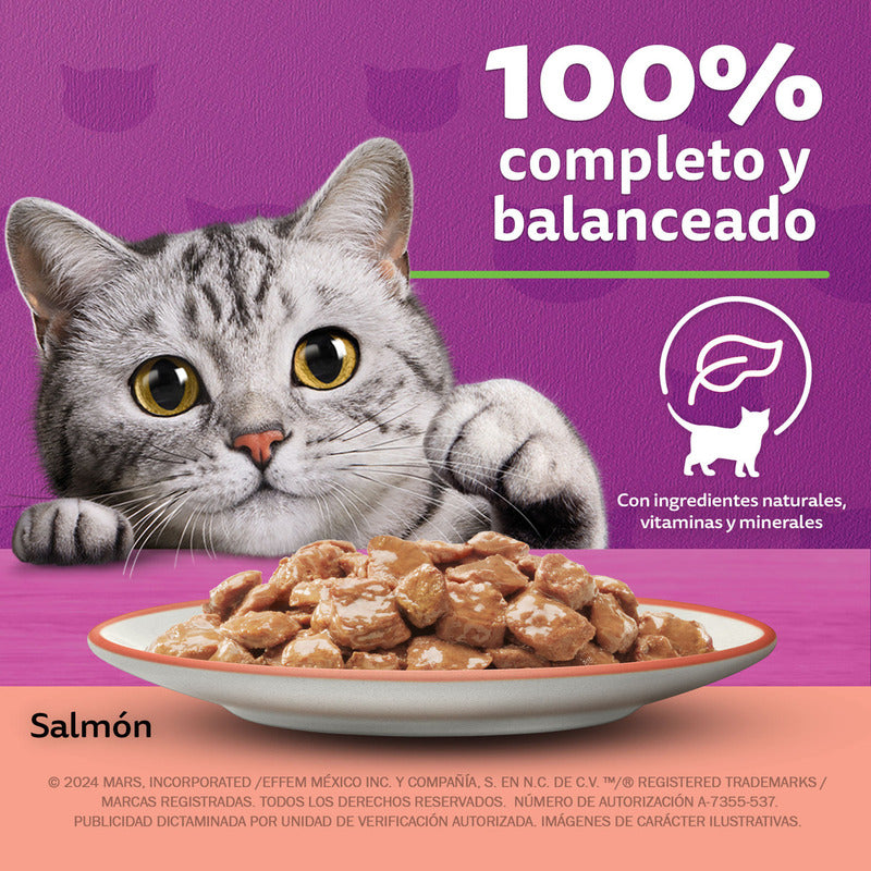 Whiskas - Alimento Húmedo Para Gatos, Sabor Salmón, Con Ingredientes Naturales, Calcio, Minerales, Vitamina A Y Taurina, 24 Sobres, 85g C/u.