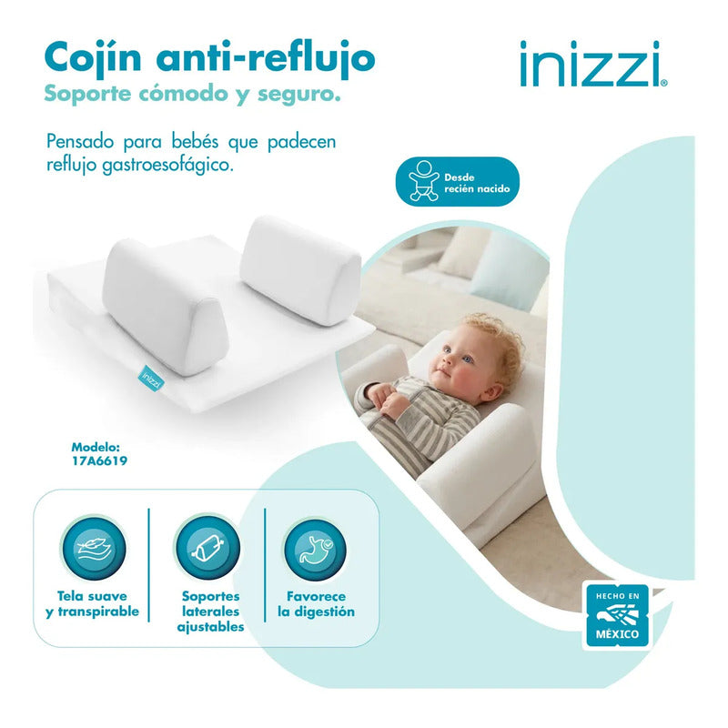 Cojín Antirreflujo Para Bebé Desde Recién Nacido, Blanco, Diseño Ergonómico Con Inclinación, Soportes Ajustables Y Tela Transpirable, Inizzi