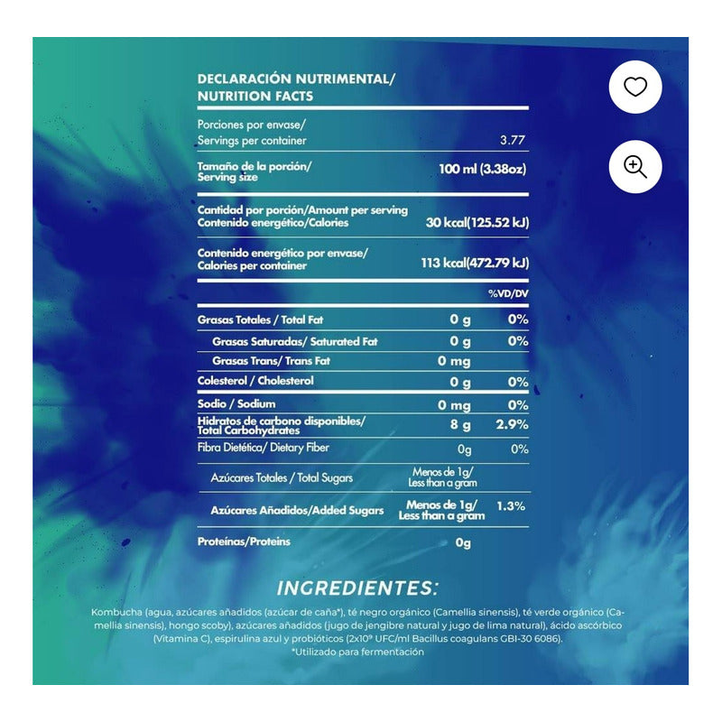 Bebida Kombucha Sabor Espirulina Azul 6 Piezas De 377ml