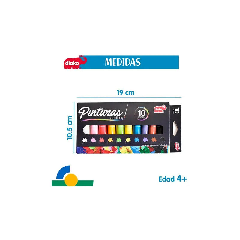 Kit De Pinturas Acrílicas Para Niños | Caja De 10 | Diako