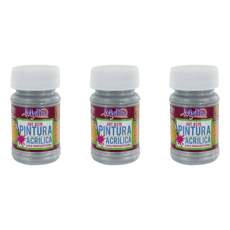 Pintura Acrílica Color Metálico Plata Brillante 3 Pz De 35ml Plata Brillante