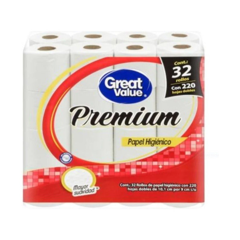 Papel Great Value Premium 32 Rollos Con 220 Hojas Dobles C/u