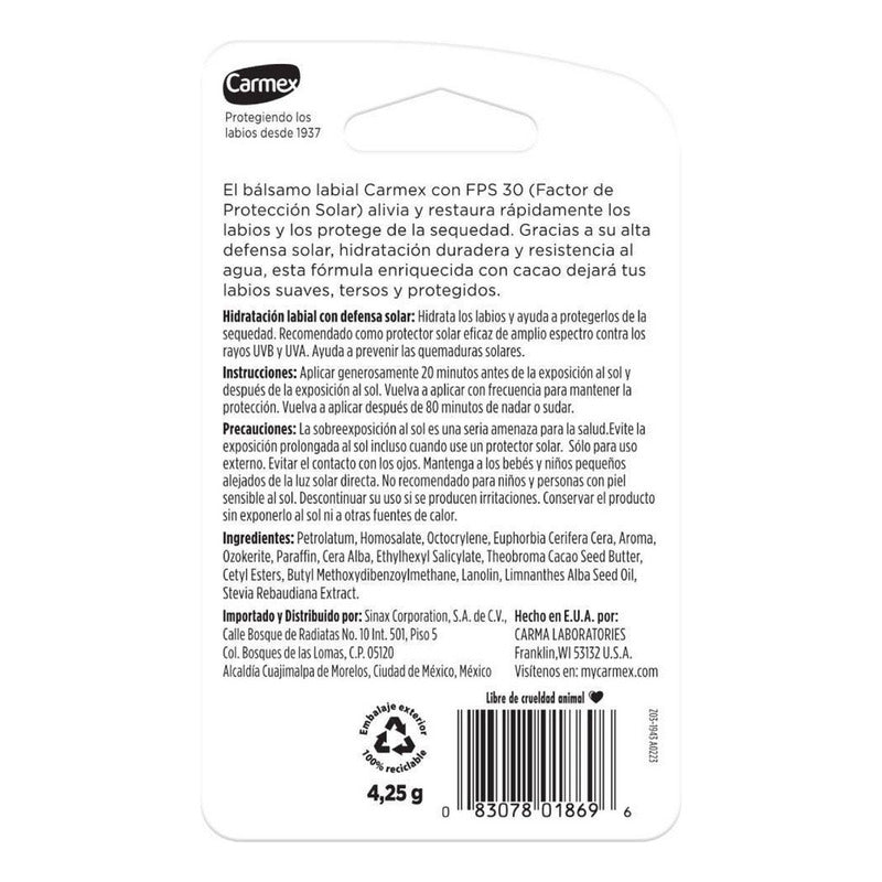 Bálsamo Labial Carmex Hidratante Con Fps 30/ 3 Pzas De 4.25g