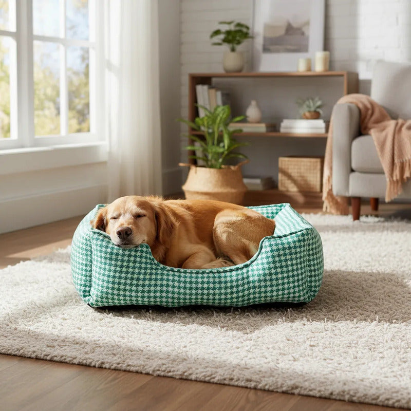 Cama Rectangular Pata De Gallo Verde Para Perro, Mediano Verde Rectangular