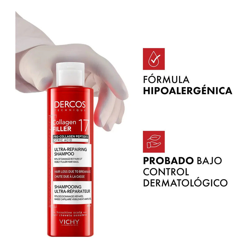 Vichy Dercos Collagen 17 Shampoo Ultra Reparador De Daño Y Caída Con Péptidos Pro-colágeno Para Cabello Dañado Y Quebradizo, Cabello Más Fuerte Y Con Mayor Densidad, 200 Ml