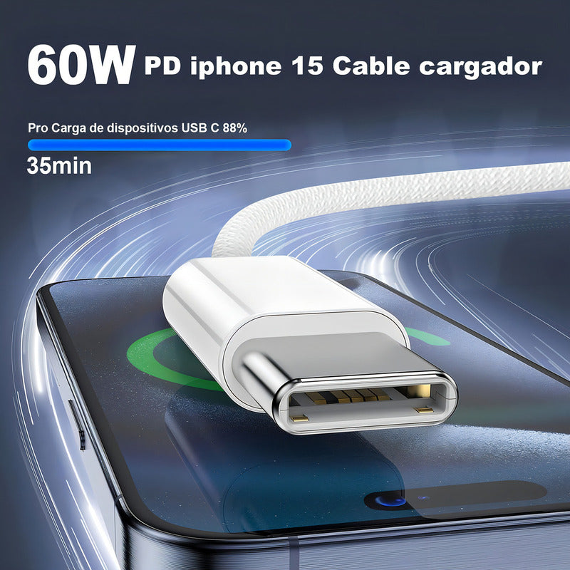 Mr. Gadgets Cable Usb C Carga Rápida, Trenzado, Reforzado, Para iPhone 16/15 Series, 60w Tipo C A Usb-c, Compatible Con Samsung Galaxy, Macbook Pro, iPad Pro, iPad Air, Google Pixel Gris