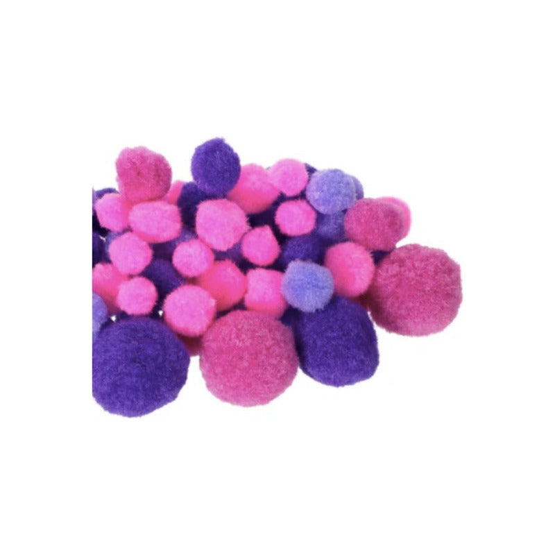 Pom Poms Tamaños Surtidos Color Rosa Y Morado 6 Pzs Con 30gr