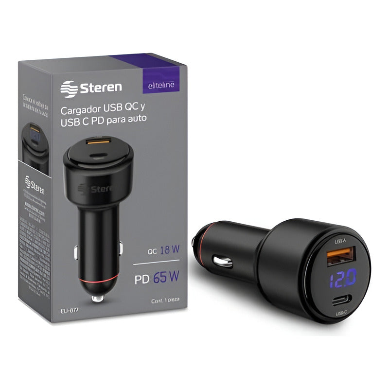 Cargador Usb C Pd 65 W / Usb Qc 18 W, Para Auto Negro
