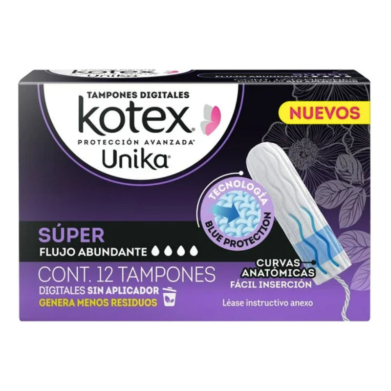 Tampones Kotex Unika Súper Flujo Abundante 3 Paq De 12 Pzas