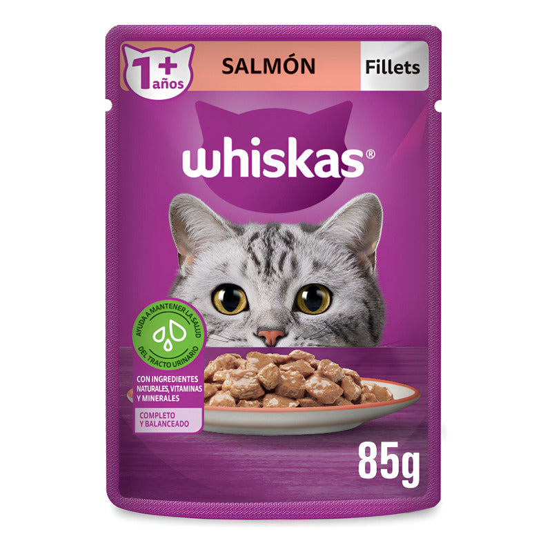 Whiskas - Alimento Húmedo Para Gatos, Sabor Salmón, Con Ingredientes Naturales, Calcio, Minerales, Vitamina A Y Taurina, 24 Sobres, 85g C/u.