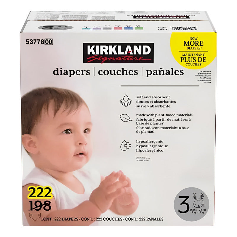 Pañales Unisex Etapa 3, Kirkland Signature, 222 Piezas Etapa 3 Sin Género