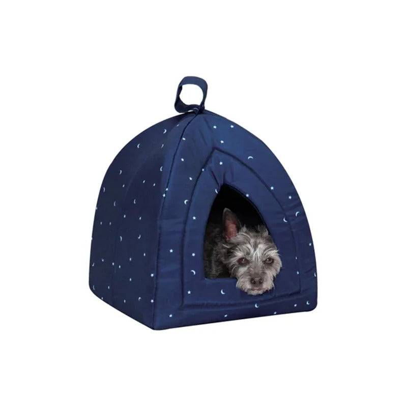 Cama Azul Tipo Cueva Patrón Estrellas Para Perro, Chico Azul Marino Cueva
