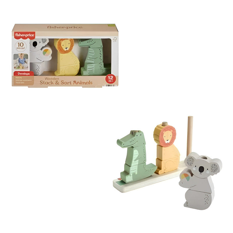 Juguete Para Bebé Fisher Price Animalitos Apilable De Madera Color Amarillo Verde Blanco