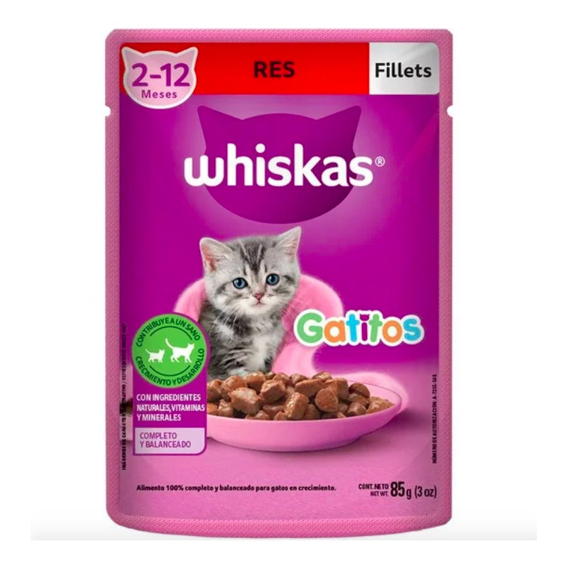 Alimento Gato Whiskas Gatitos Fillets Res 85gr (12 Sobres)