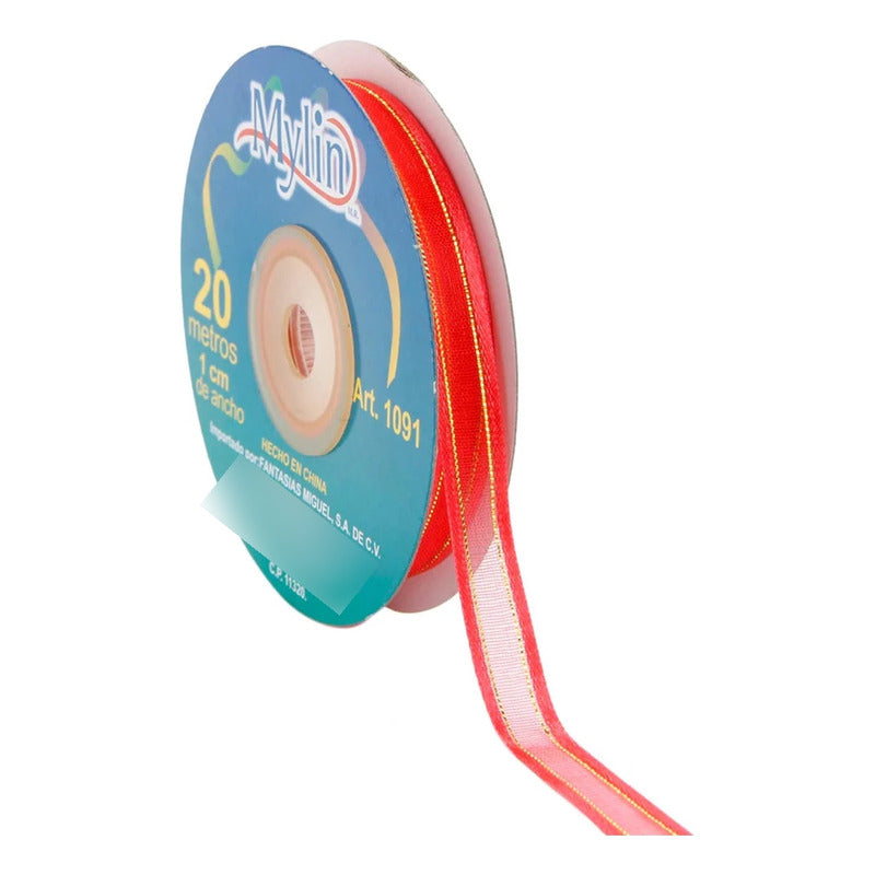Listón Coral Organza Satín Con Cordón Metálico 10mm 20m Coral Lisa