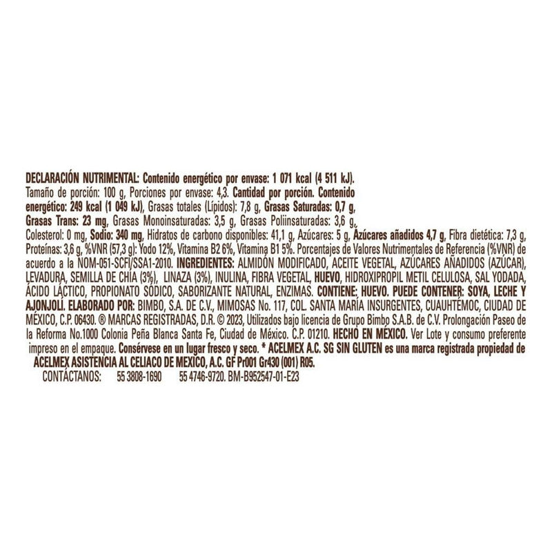 Pan Blanco Bimbo Chia Y Linaza Gluten Free 430g (2piezas)