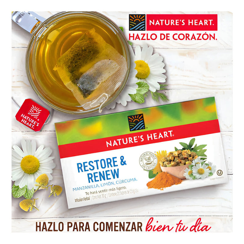 Sobres De Té Restore & Renew Manzanilla, Curcuma Y Diente De Leon 30g Nature's Heart